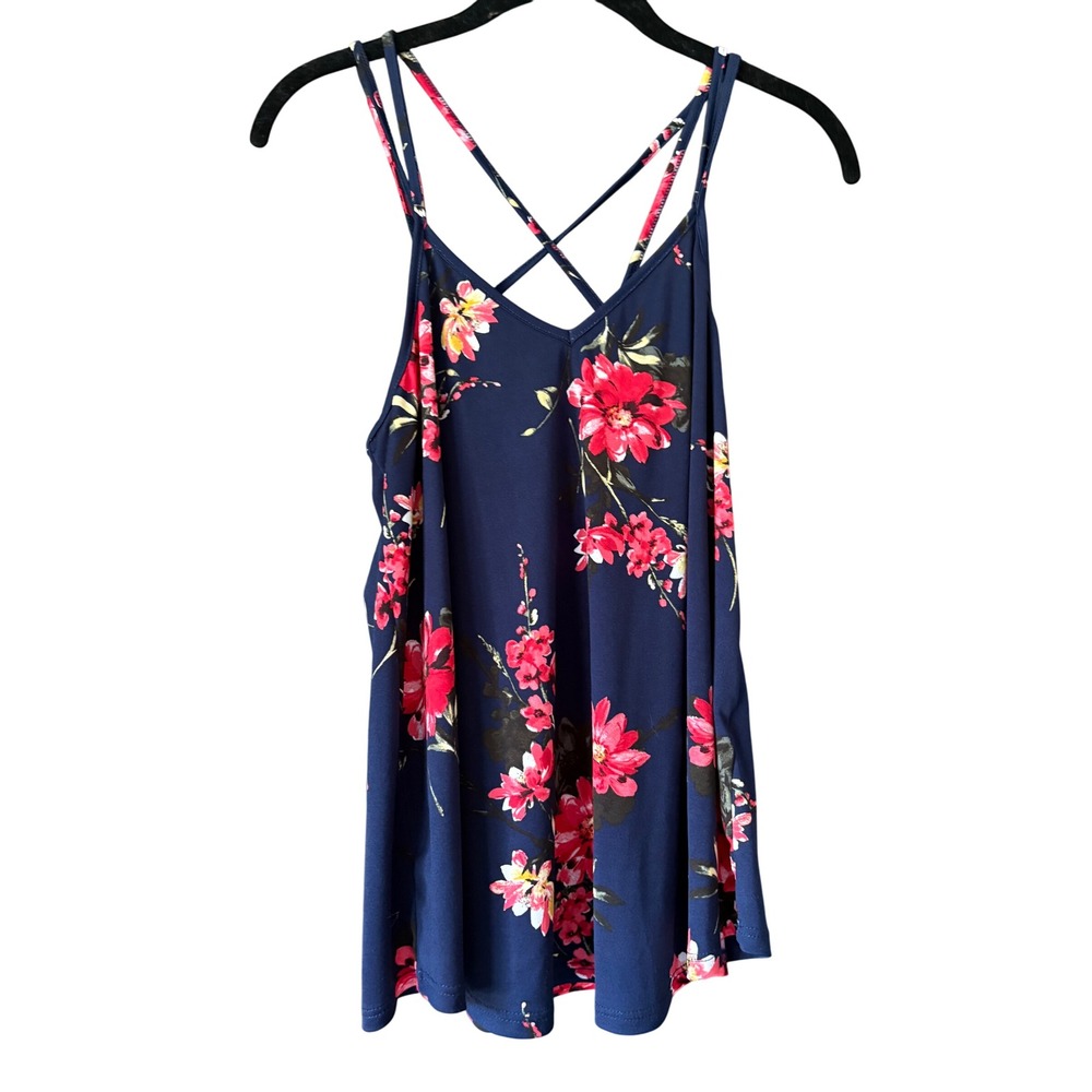 Floral Cami Top‎ Navy Blue Pink Sleeveless Criss Cross Back Casual Tank